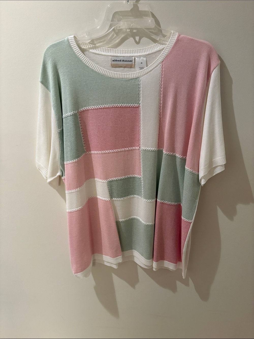 Alfred Dunner Pastel Block Short Sleeve Knit Top - Pink, Mint & White